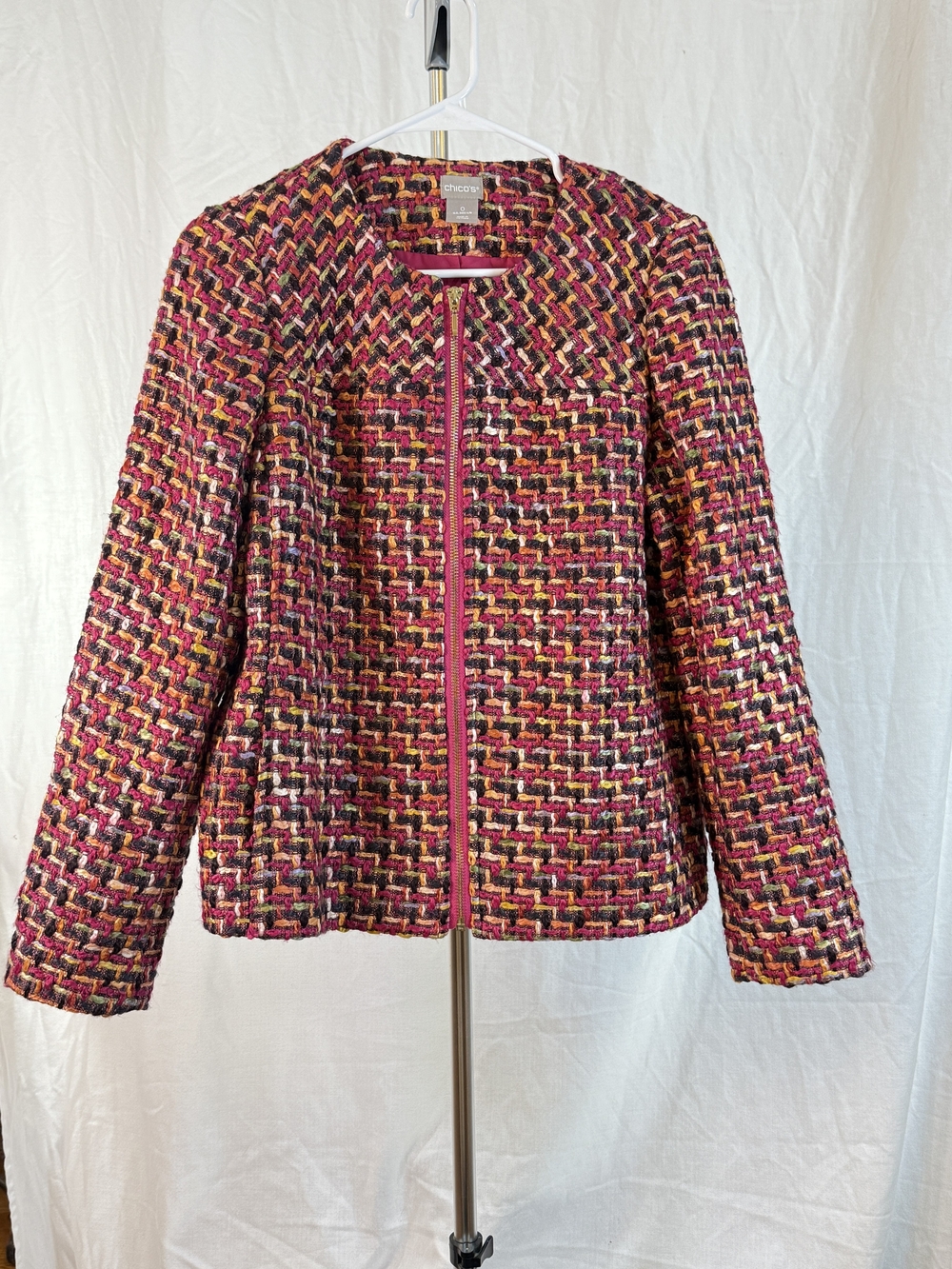 Chico's Women's Fuchsia Multi Colored Tweed Zip Jacket sz 4/6 (Chico's sz 0)